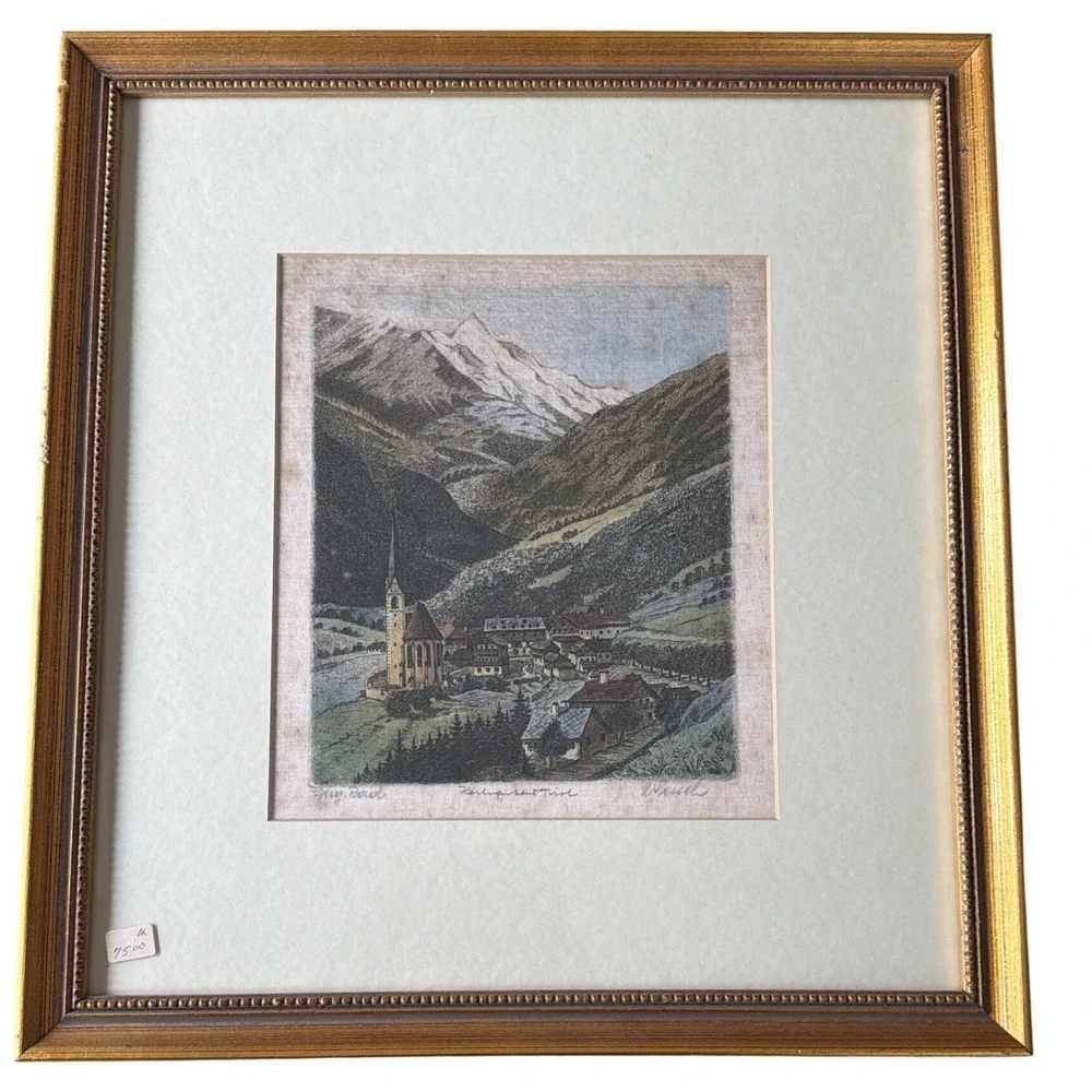Vintage Signed European Etching Framed Wall Art Set of 3 Gold Frames Estate Find